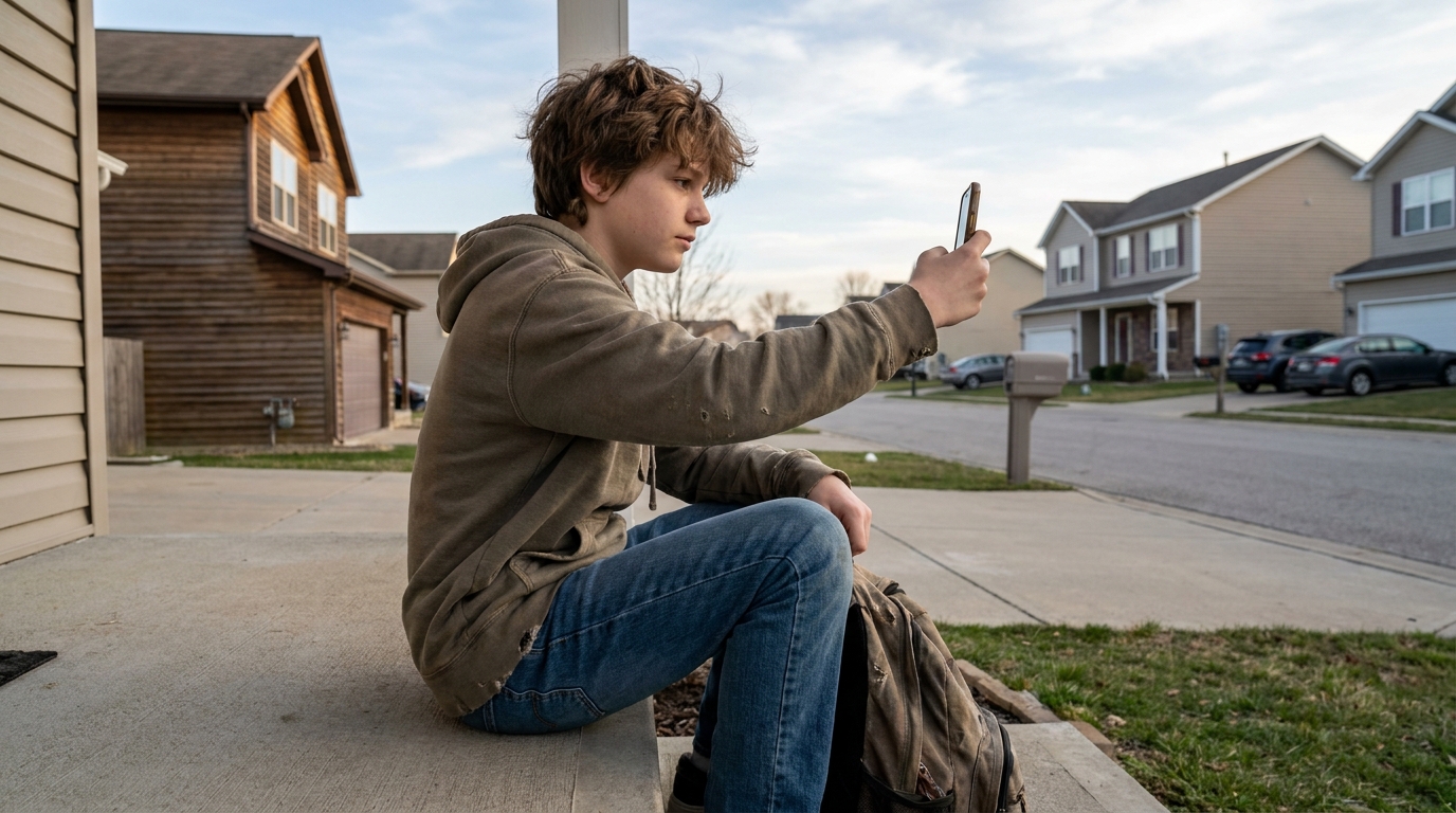 A teenager on a front step taking a selfie, the street behind them in shot.