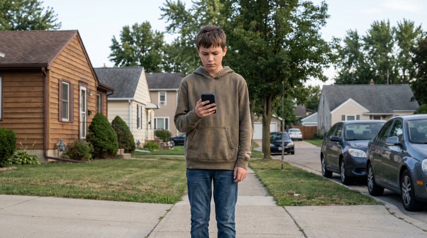 A teenager on a residential street looking down at a phone in their hand.