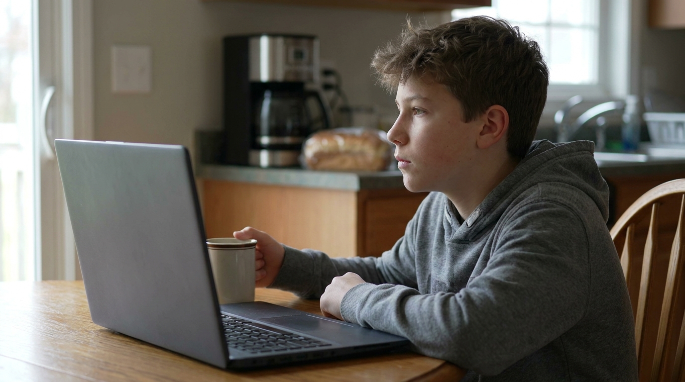 A teenager at a kitchen table with an open laptop, seen from the side.