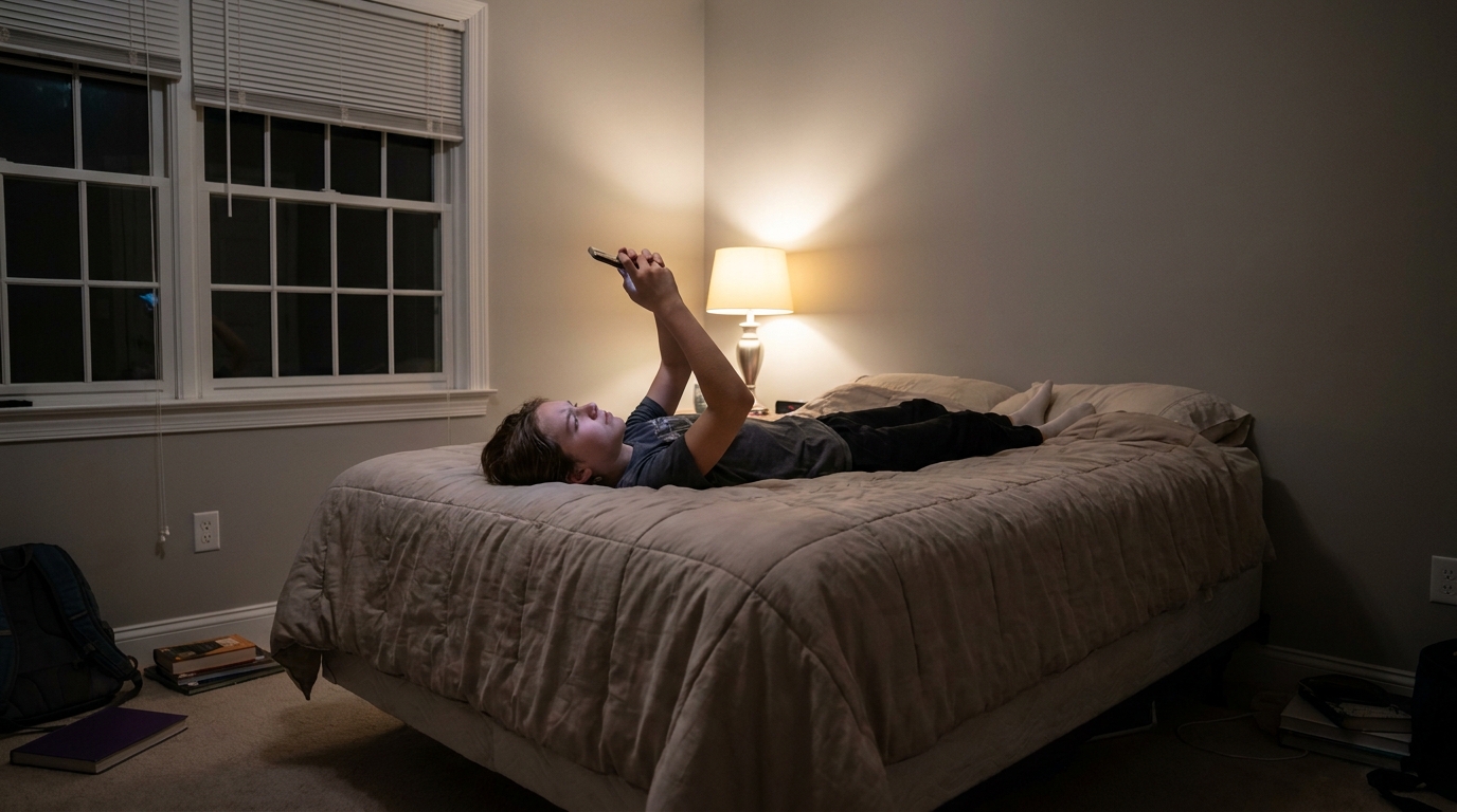 A teenager lying on a bed in a lamplit room holding a phone up above them.