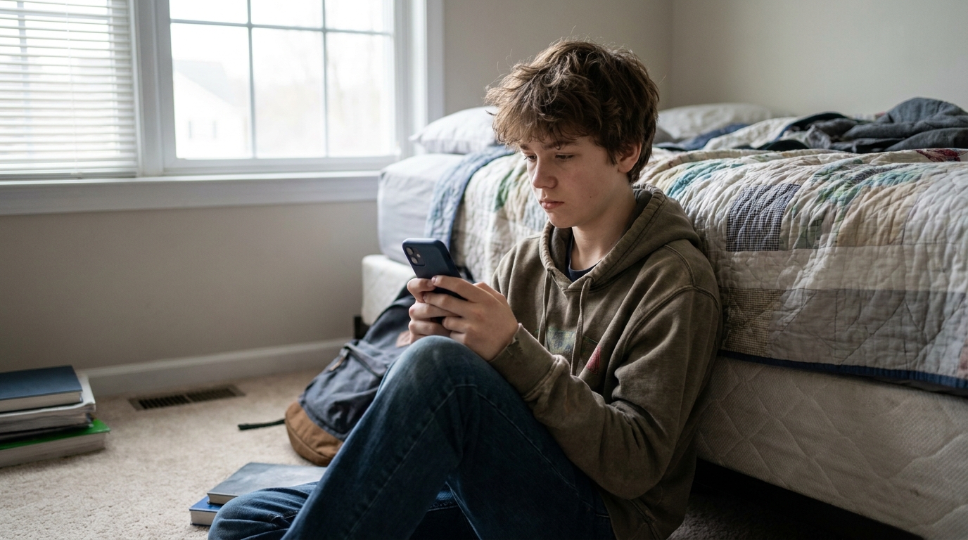 A teenager sitting on a bedroom floor against the bed with a phone in both hands.