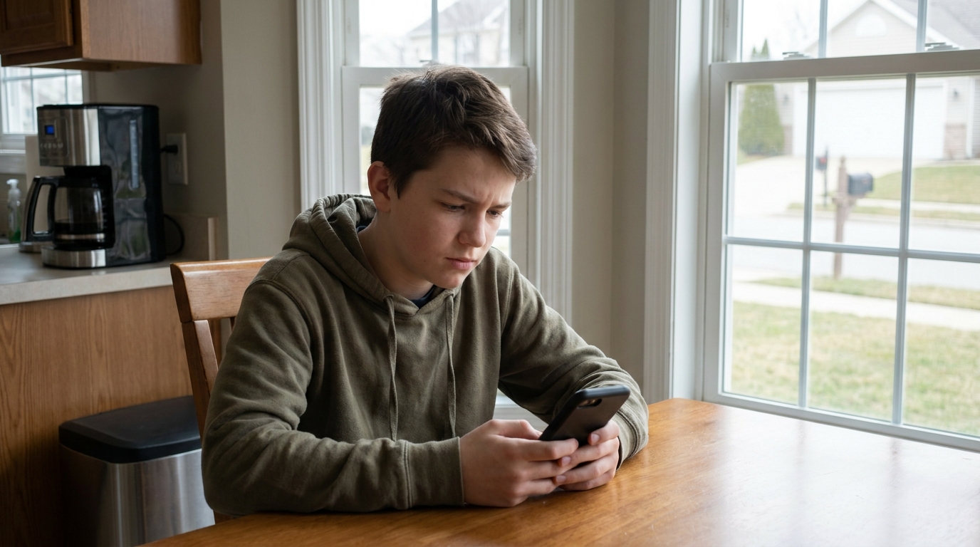 A teenager at a kitchen table looking at a phone, slightly puzzled.