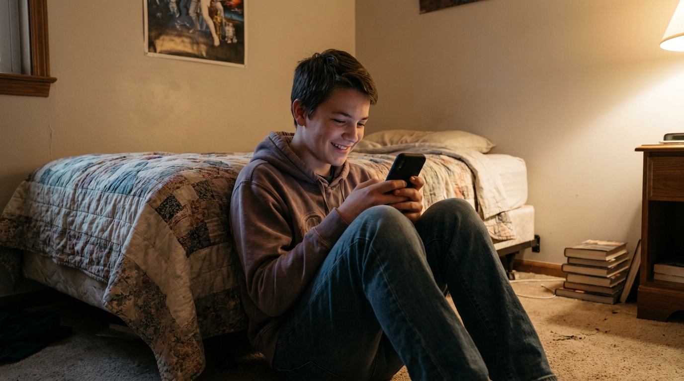 A teenager on a bedroom floor smiling at a phone held in both hands.