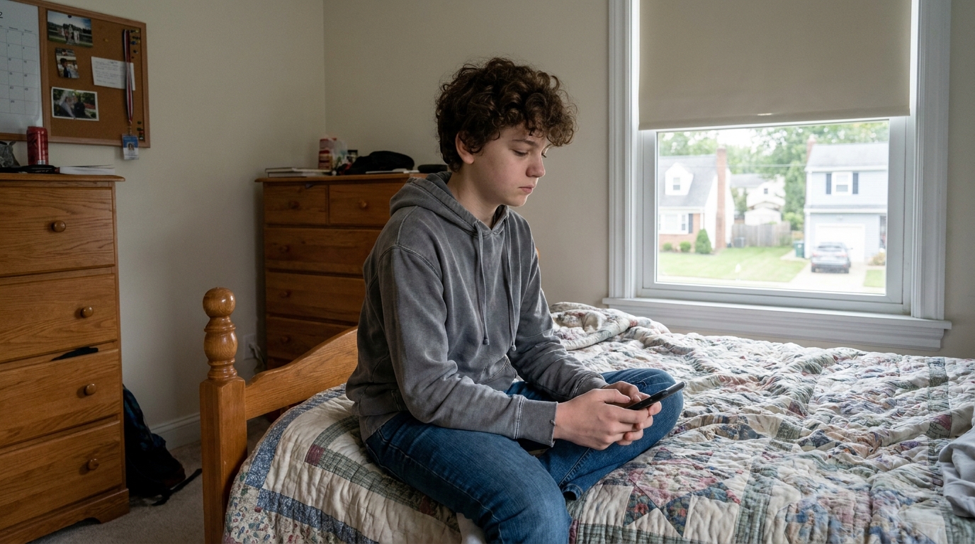 A teenager sitting on a bed holding a phone in both hands.