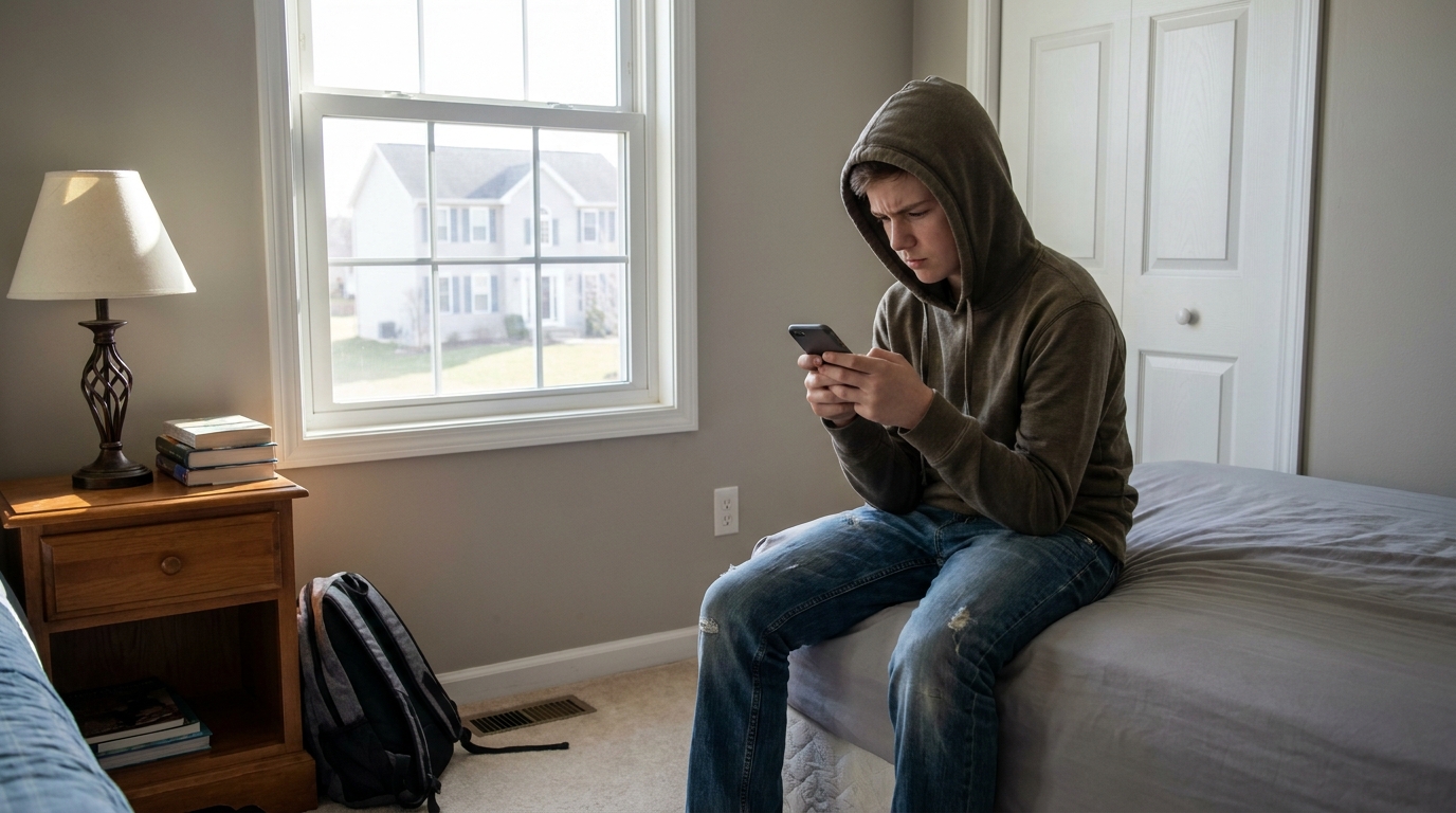 A teenager on the edge of a bed looking seriously at a phone in both hands.