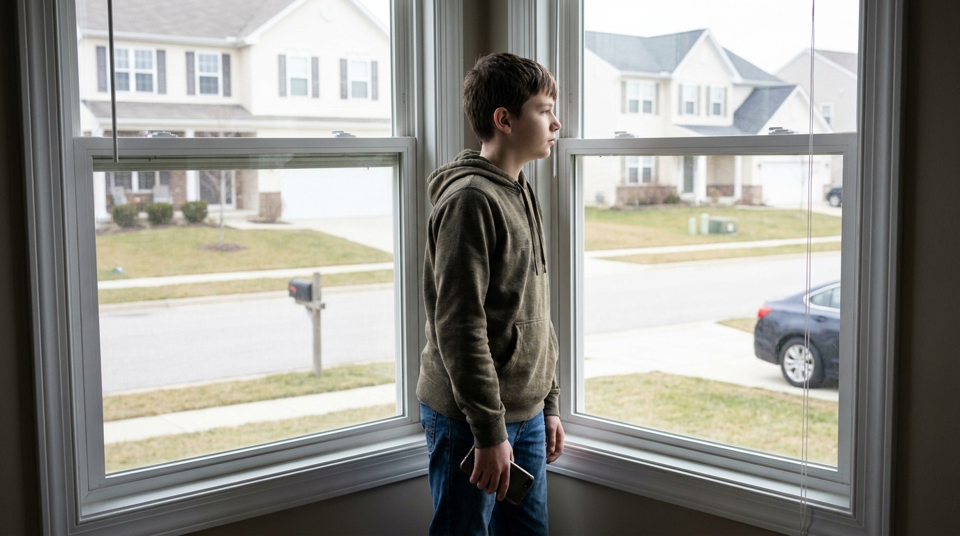 A teenager at a bedroom window with a phone held down at their side.