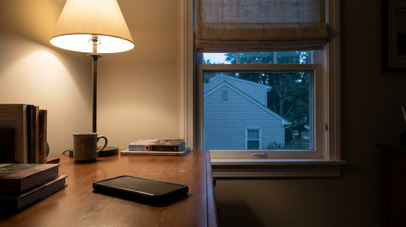 A phone lying face down on a desk in a lamplit bedroom at night.