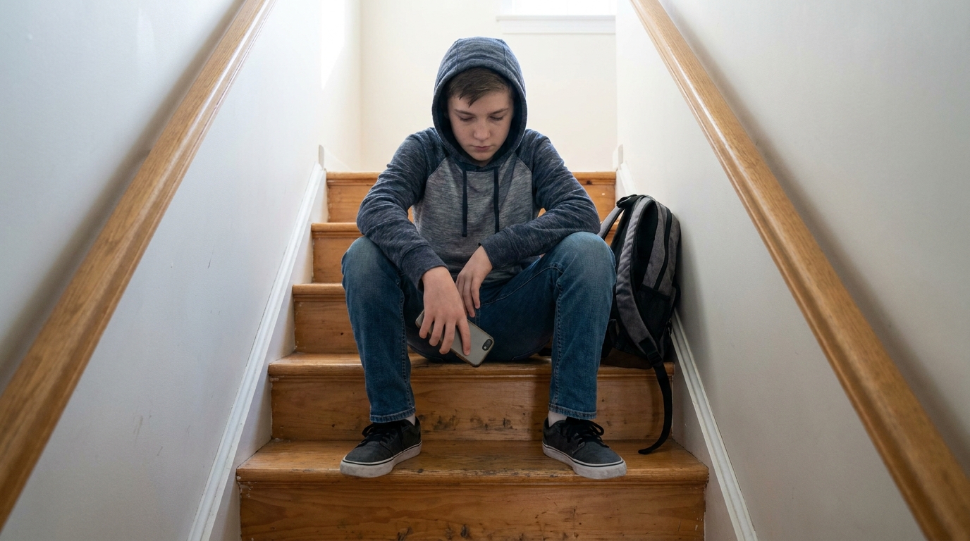A teenager sitting alone on the stairs with a phone, looking down.