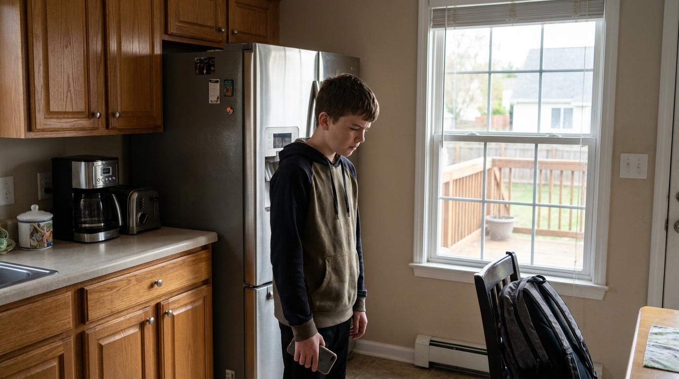 A teenager in a kitchen holding a phone down at their side, thinking.