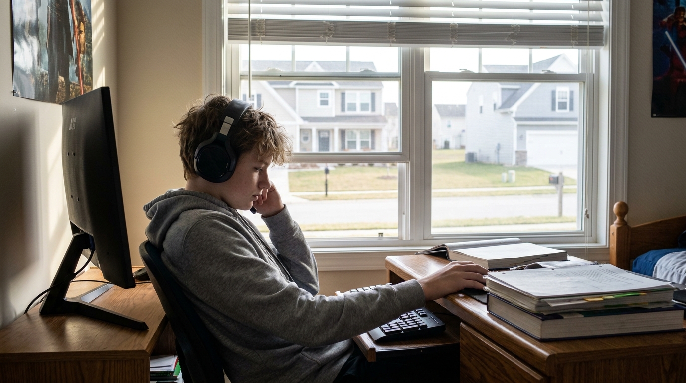 A teenager in a gaming headset at a desk, seen from the side.