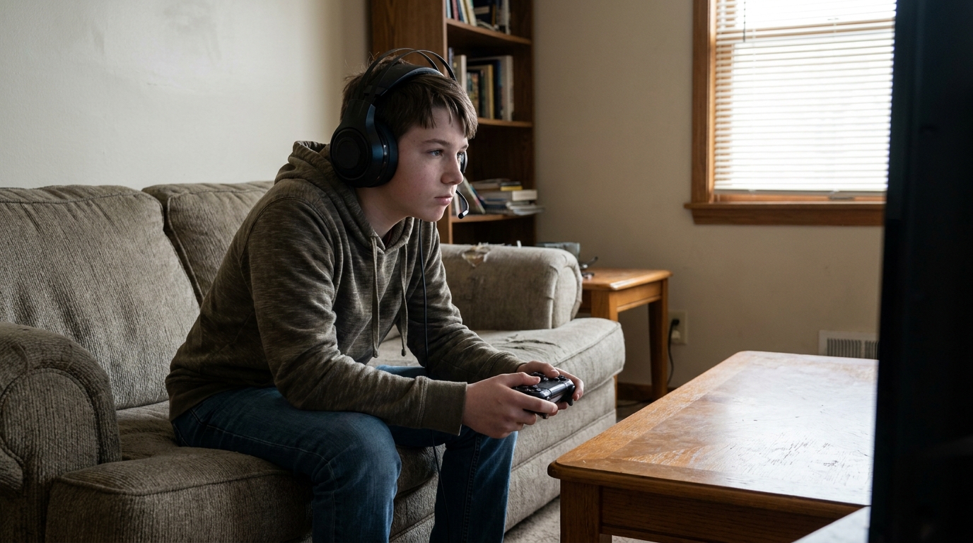 A teenager in a headset leaning forward, both hands on a controller.