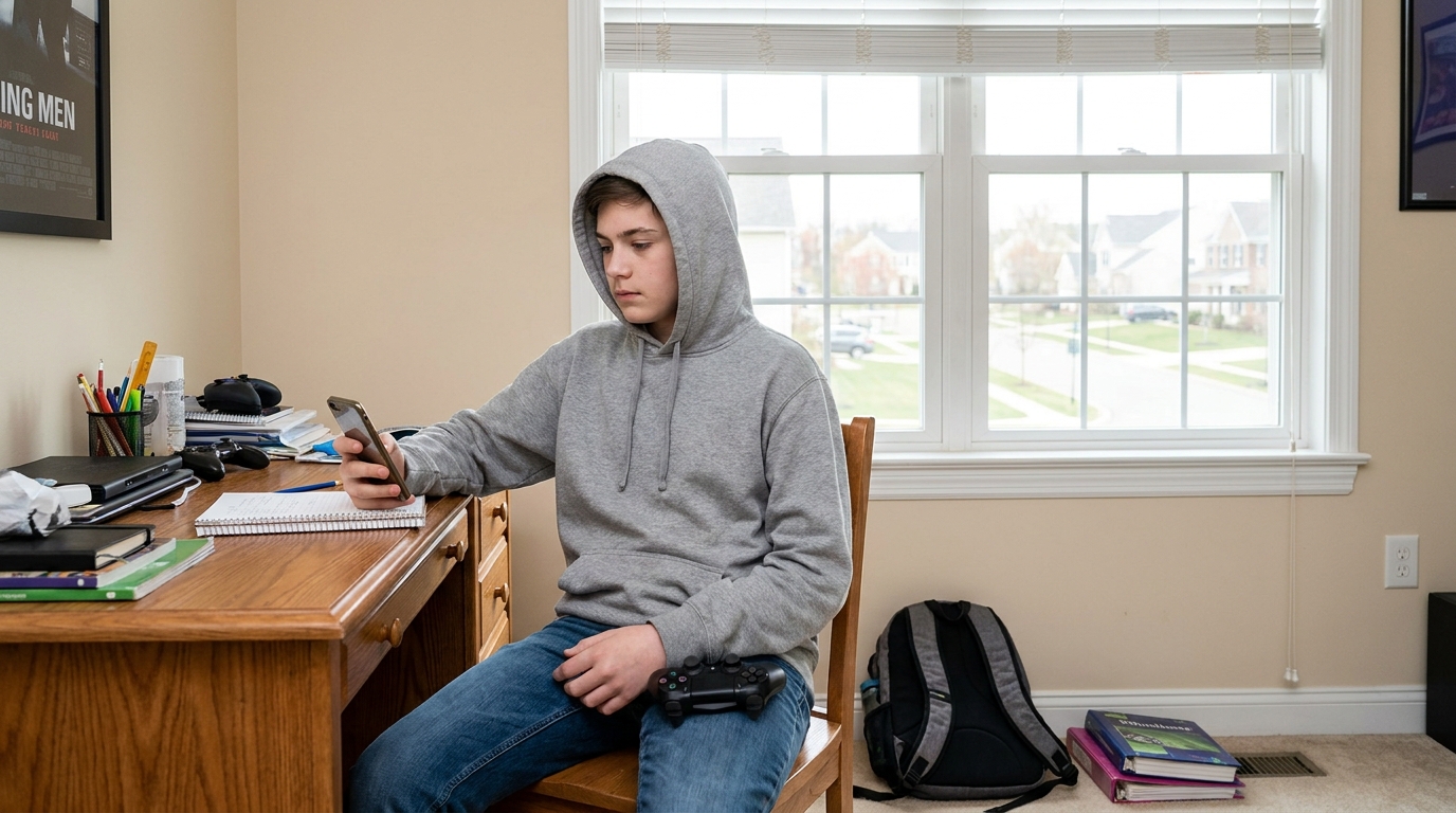 A teenager at a desk with a controller in their lap, looking at a phone.