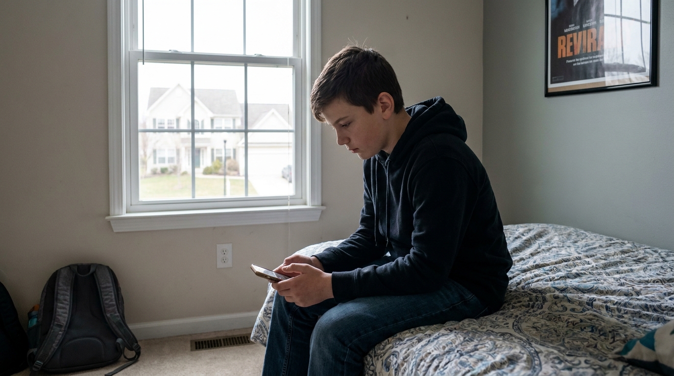 A teenager on a bed with a thumb resting still against a phone.