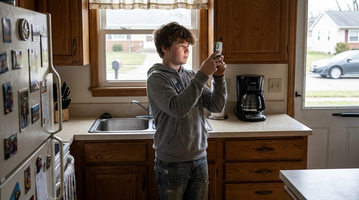 A teenager in a kitchen holding a phone up at eye level, watching it.