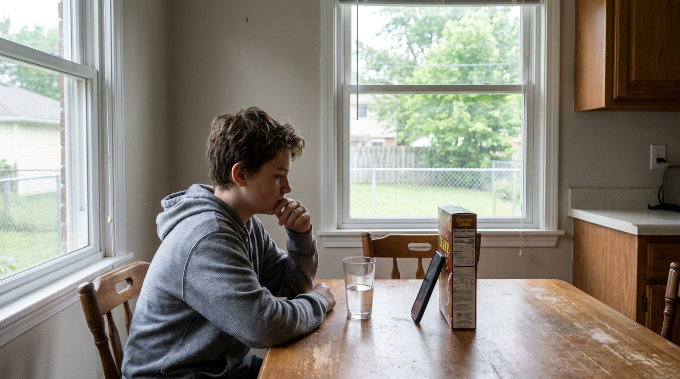 A teenager at a table with a phone propped upright in front of them.