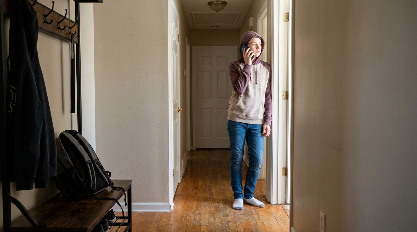 A teenager in a hallway holding a phone to their ear.