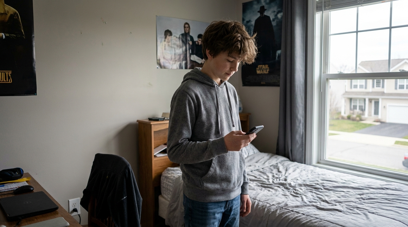 A teenager in a bedroom looking down at a phone held in one hand.