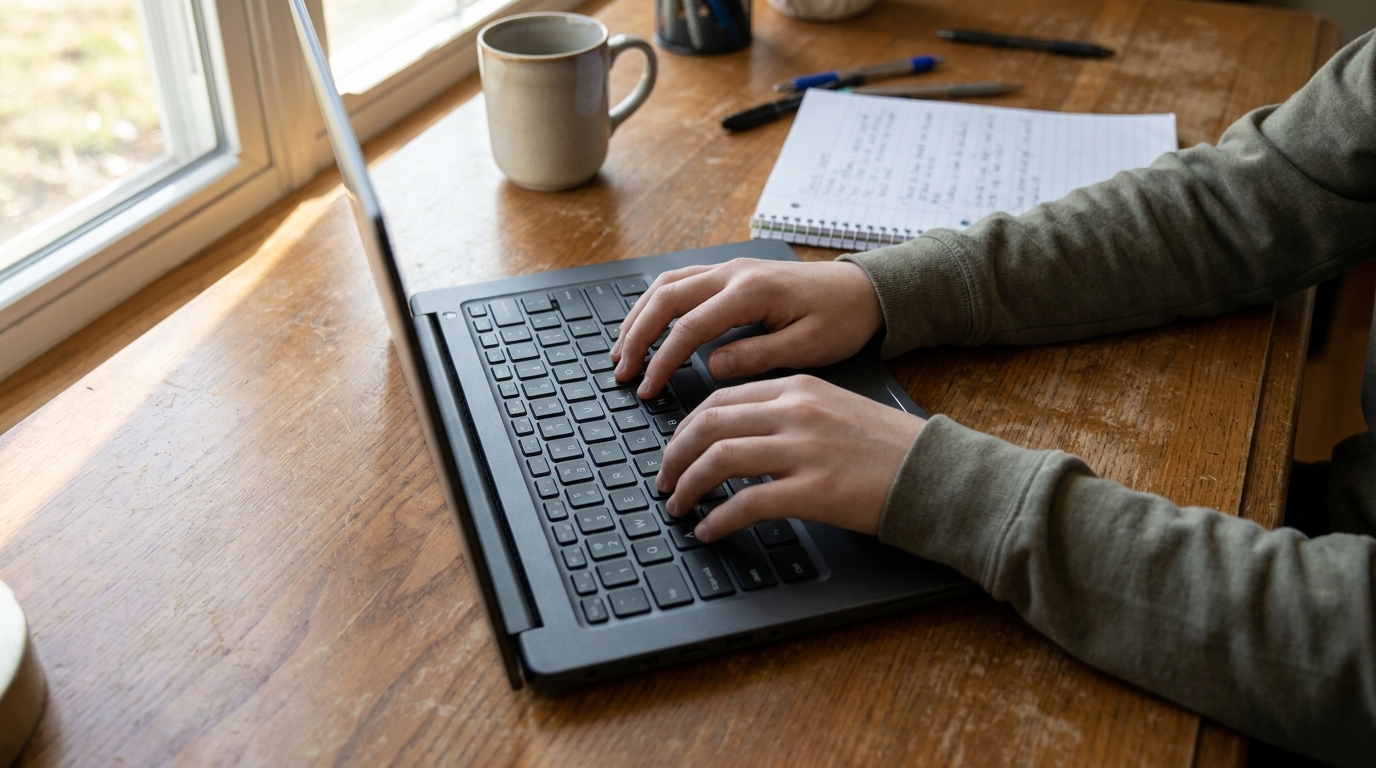A teenager typing on a laptop keyboard with both hands.