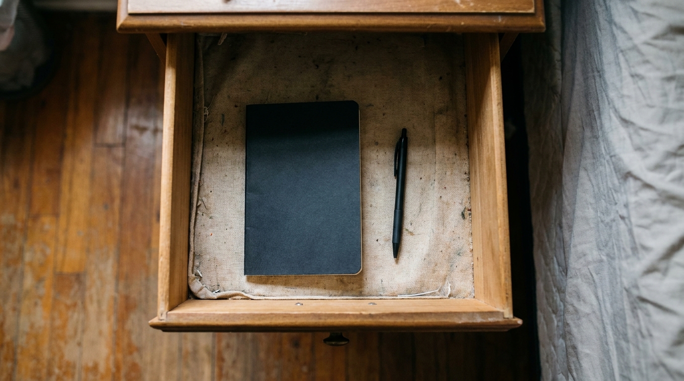 An open bedside drawer with a small notebook and a pen in it.