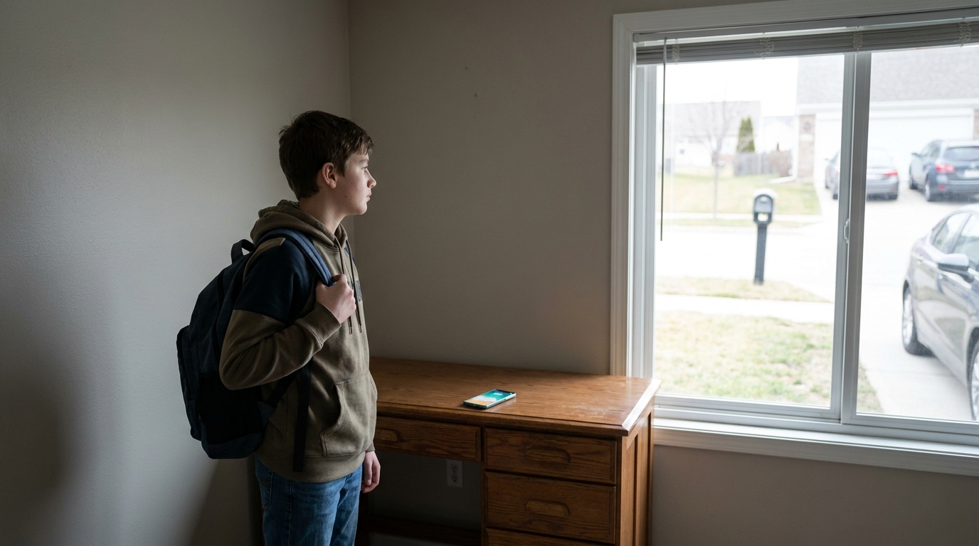 A phone lit up on a desk, a teenager across the room looking at it.
