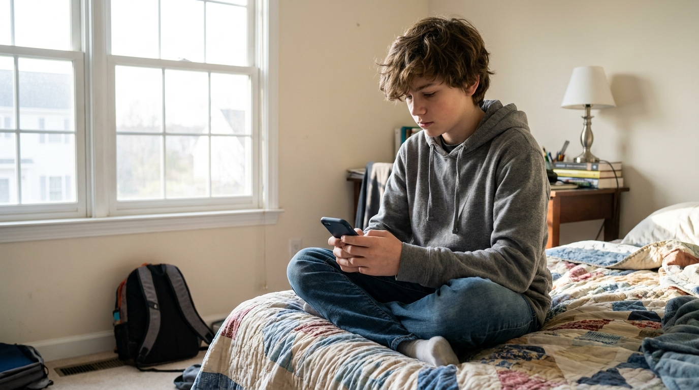 A teenager on a bed holding a phone in both hands, reading it.