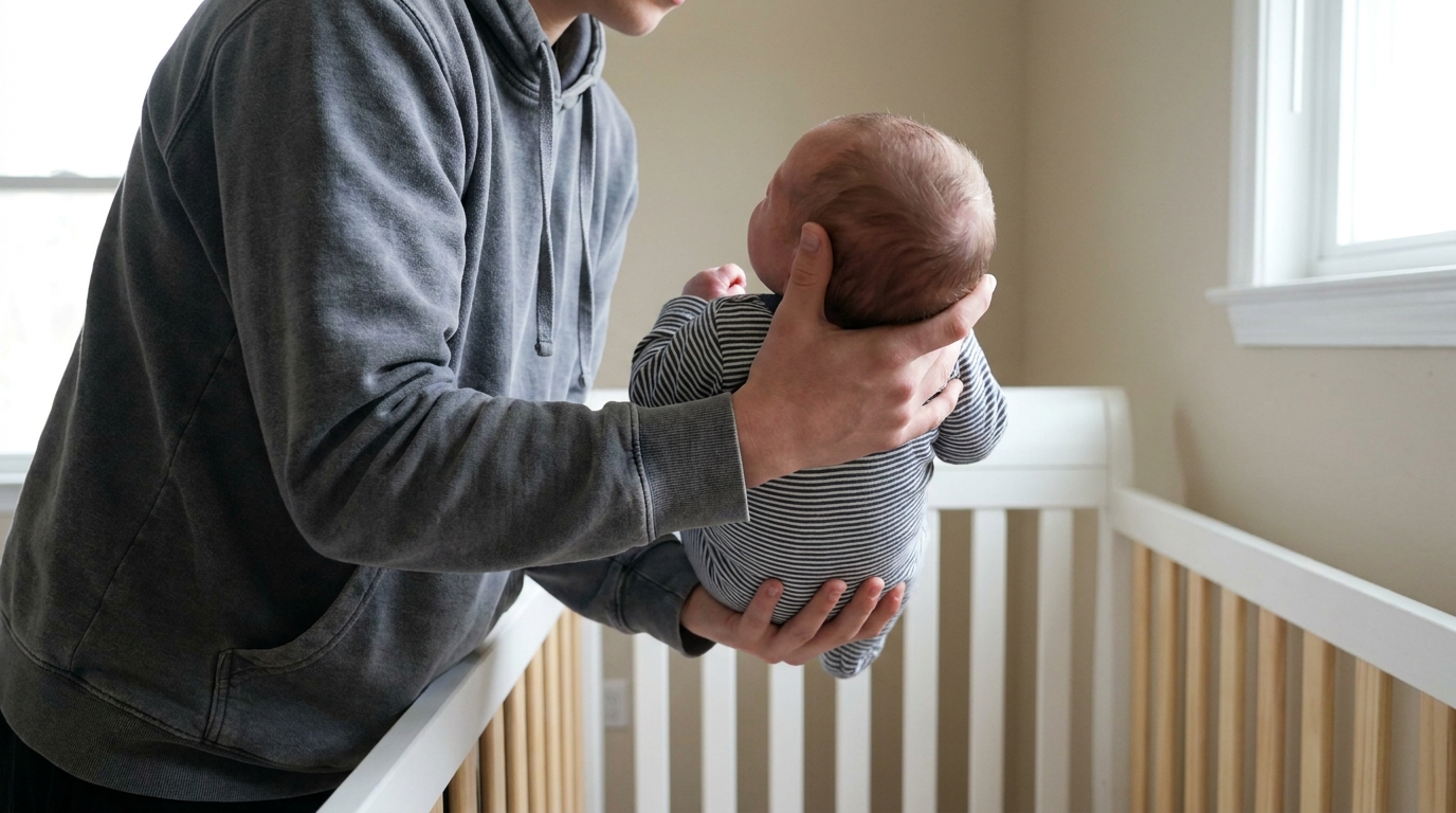 One hand cupped under a baby’s head and neck, the other under its bottom, lifting.