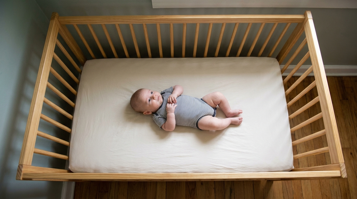 A baby lying on its back in a crib with nothing else in it.