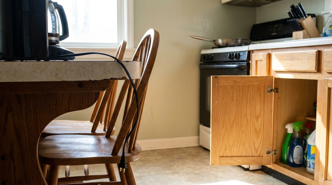 A kitchen seen from a toddler’s height: a hanging cord, a chair, a pan handle.