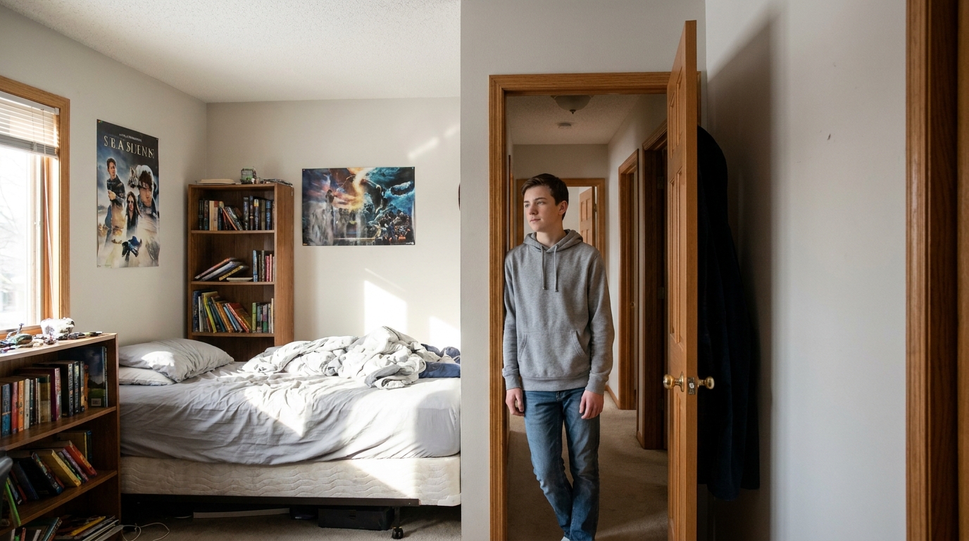 A teenager standing in a bedroom doorway, looking in.