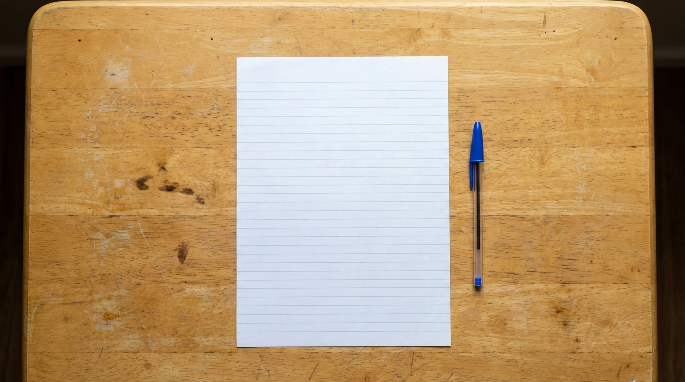 A blank sheet of lined paper and a pen on a kitchen table.