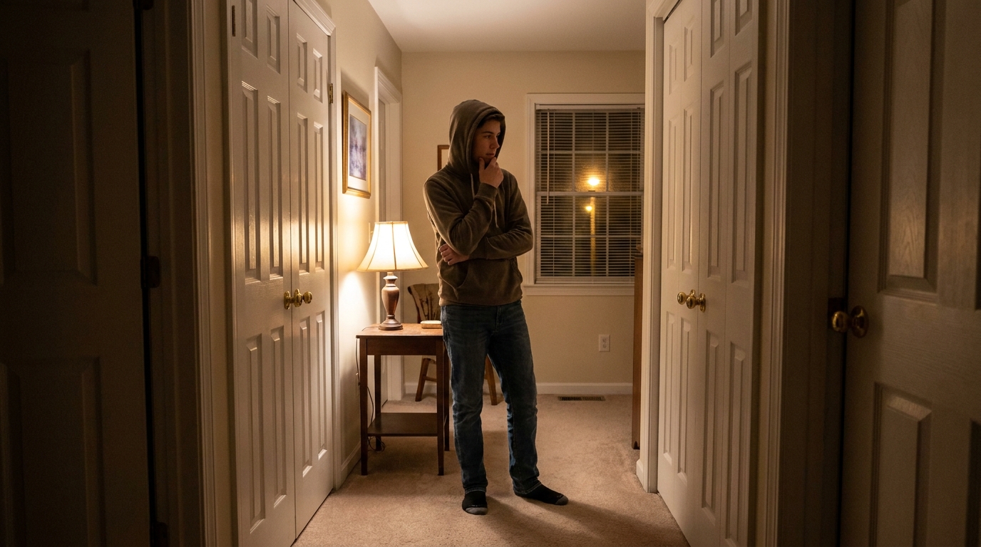 A teenager on a landing at night between two closed bedroom doors.