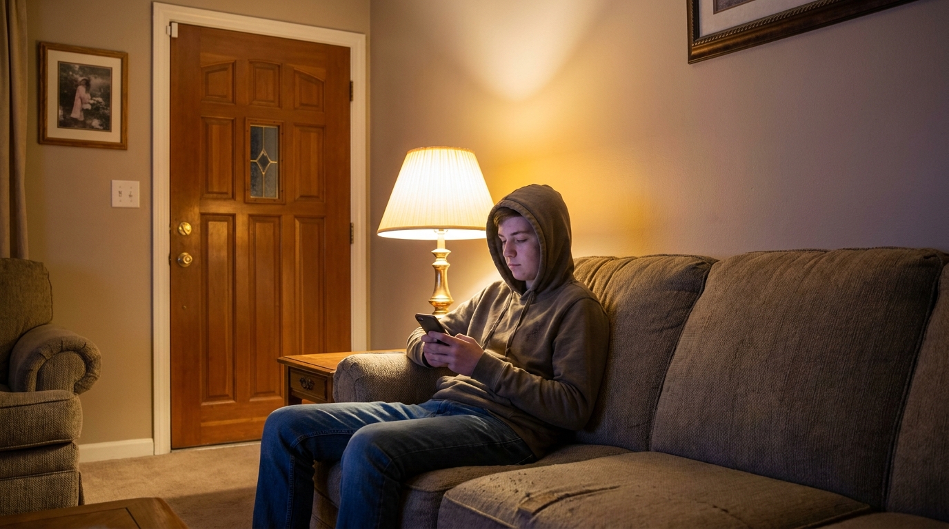 A teenager on a sofa in the evening with a phone, the front door behind them.