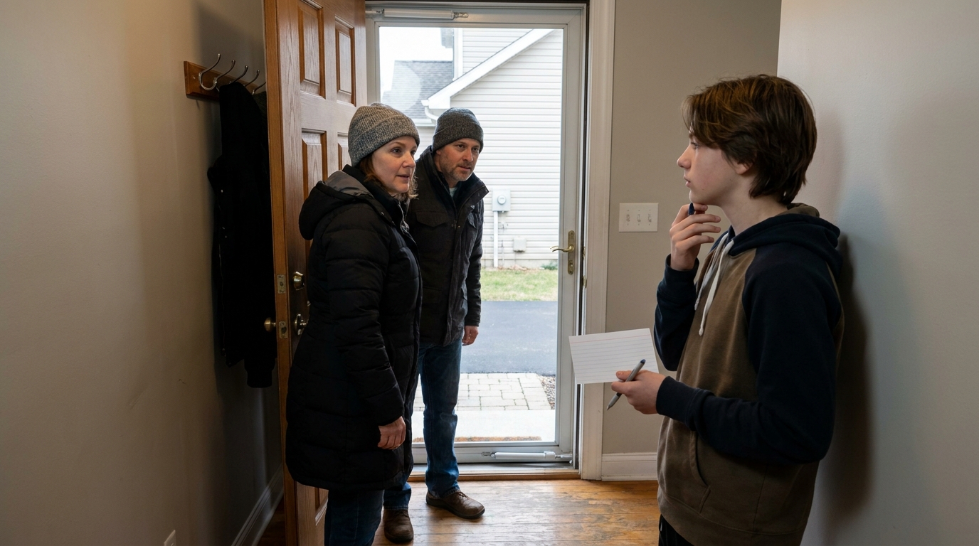 Parents in coats half out of the door, a teenager facing them with a card and pen.