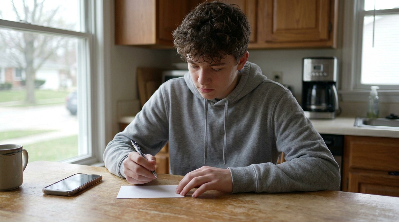A teenager writing on a card at a kitchen counter.