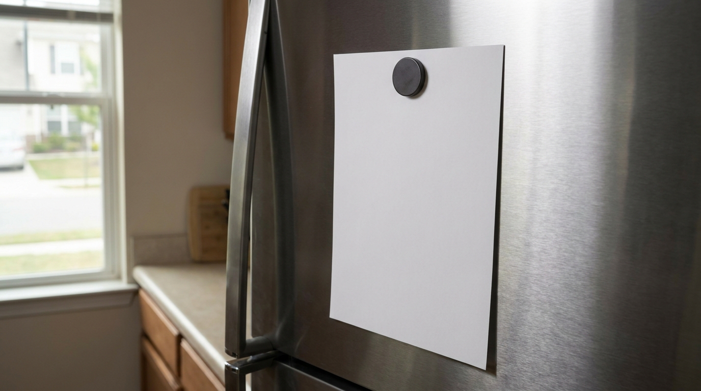 A single blank sheet of paper held to a fridge door by a magnet.