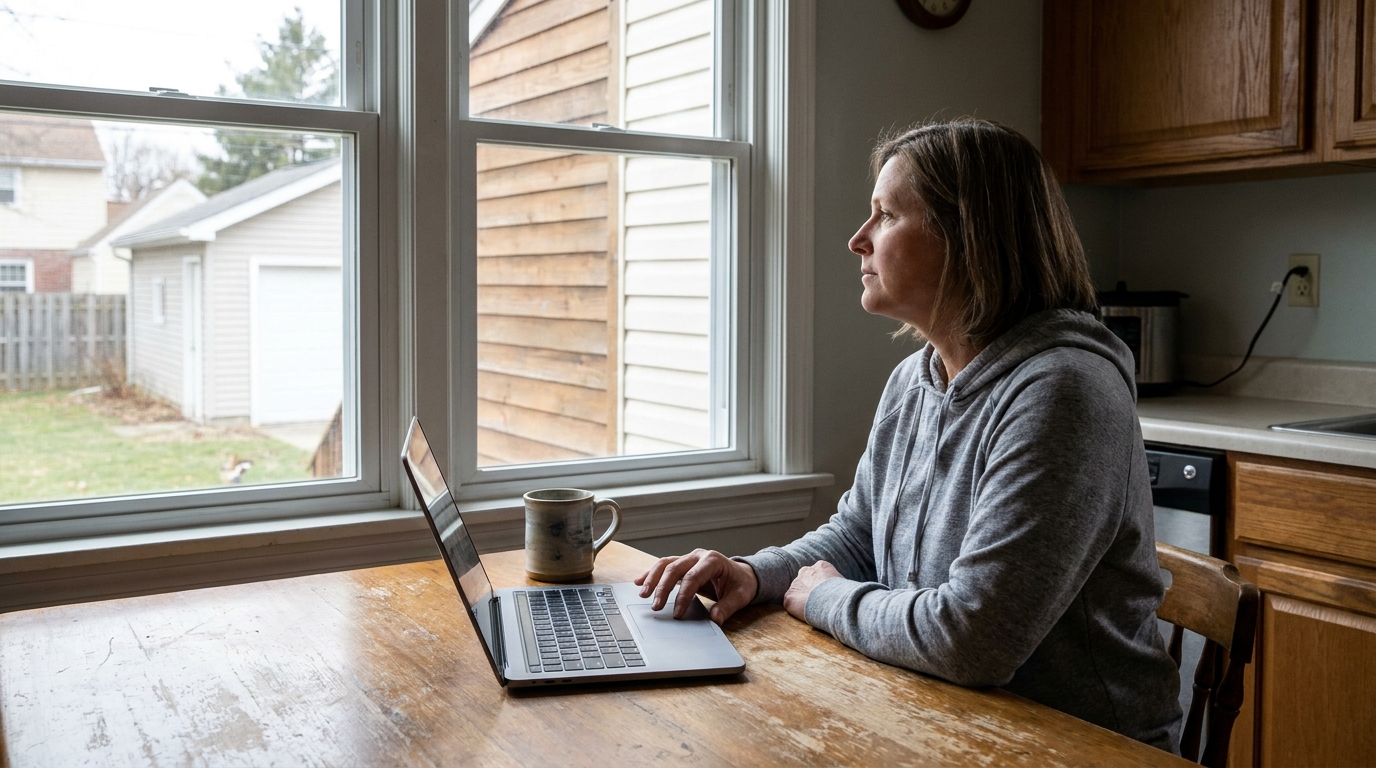 A parent at a kitchen table with a laptop, one hand on the trackpad.