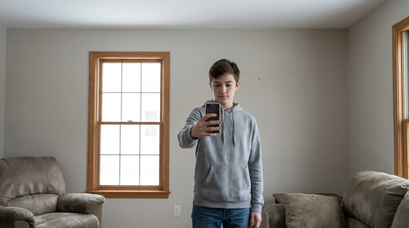 A teenager holding a phone out at arm’s length, looking at it.
