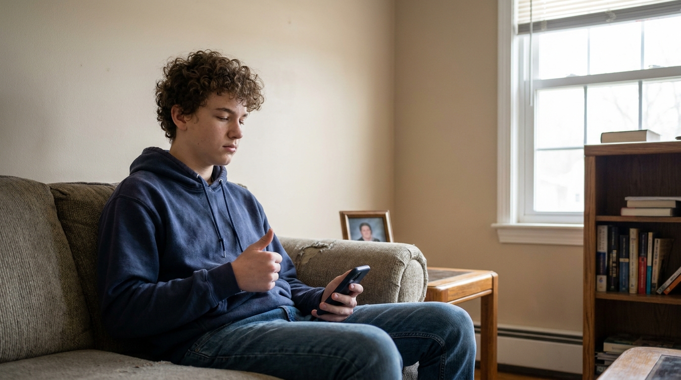 A teenager holding a phone with a thumb held still above it.