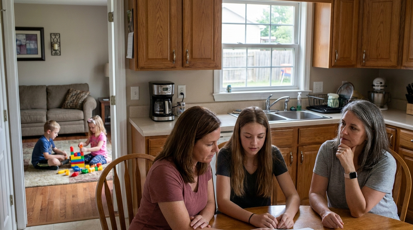 A parent and a teenager at a kitchen table, the teenager’s mother beside her.