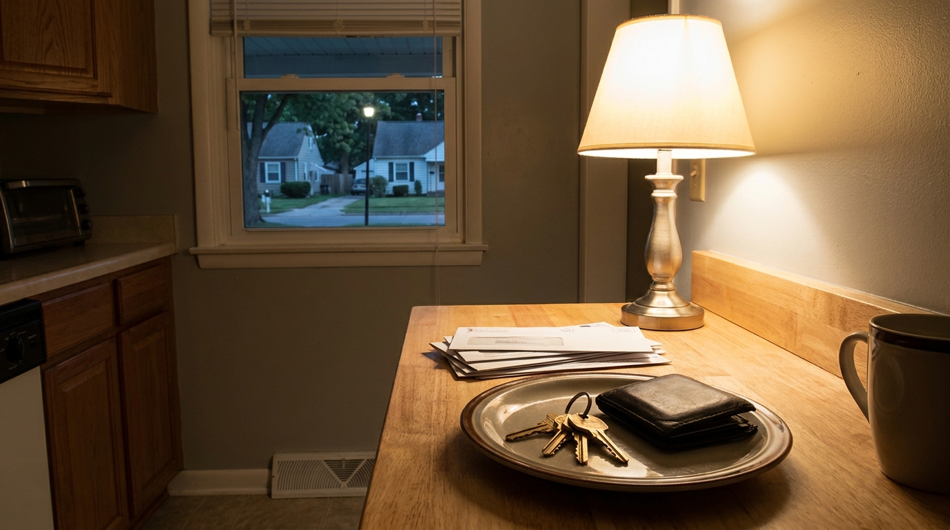 House keys and a closed wallet on a kitchen table under a lamp at night.
