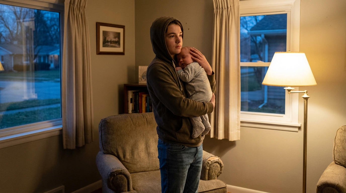 A teenager holding a baby upright at their shoulder, one hand behind its head.