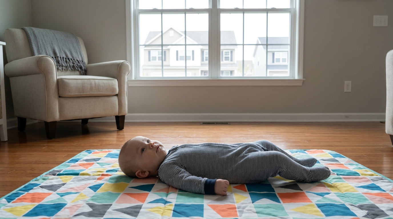 A baby lying on its back on a play mat, calm.
