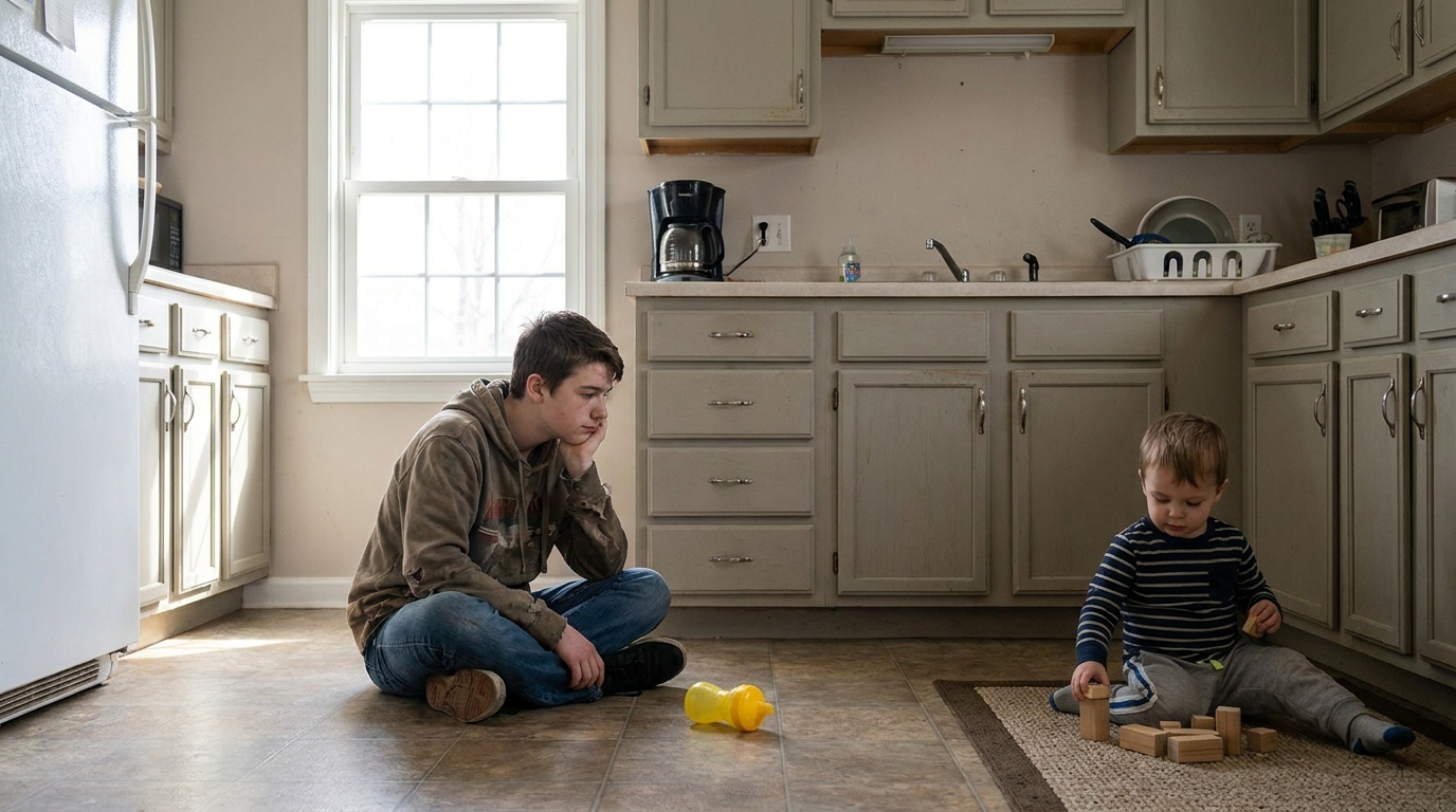 A teenager sitting on a kitchen floor a few feet from a small child, a cup on its side nearby.