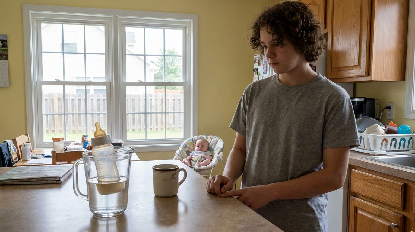 A bottle standing in a jug of warm water, a baby settled in a bouncer behind.