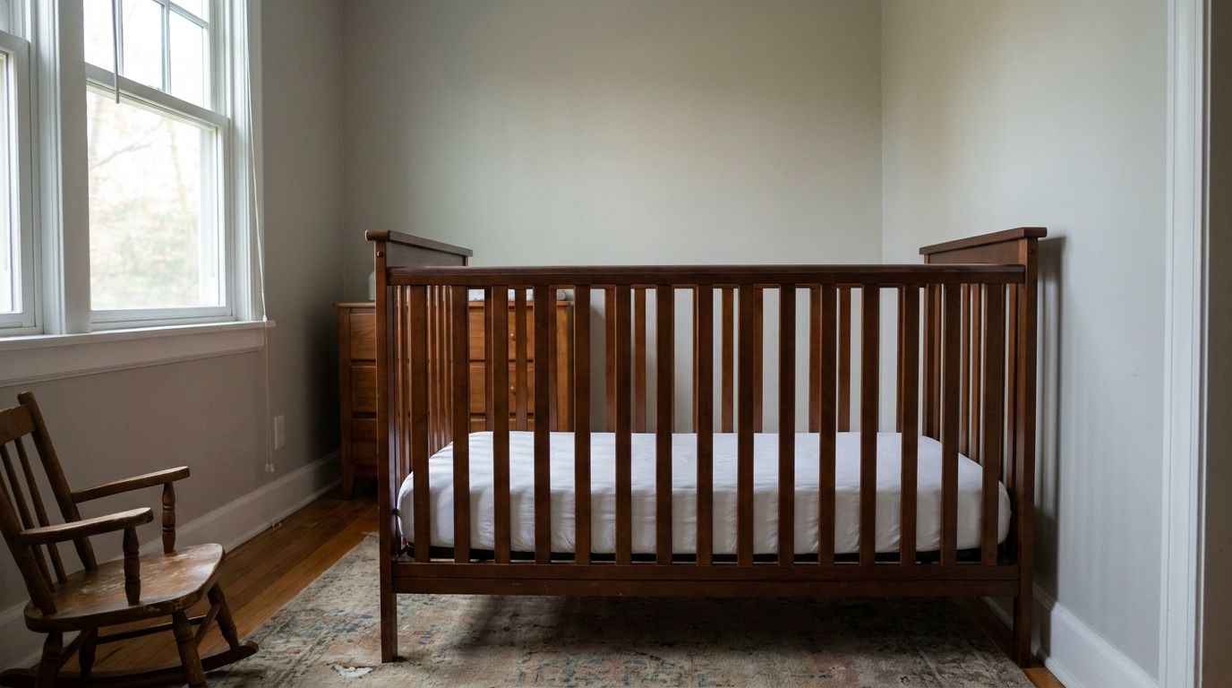 An empty crib with a fitted sheet and nothing else in it.