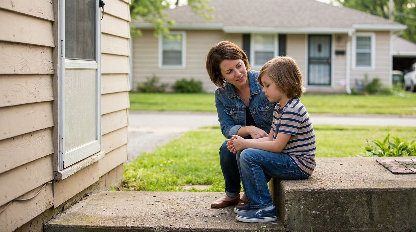 A child and a trusted adult sitting on a front step, talking.
