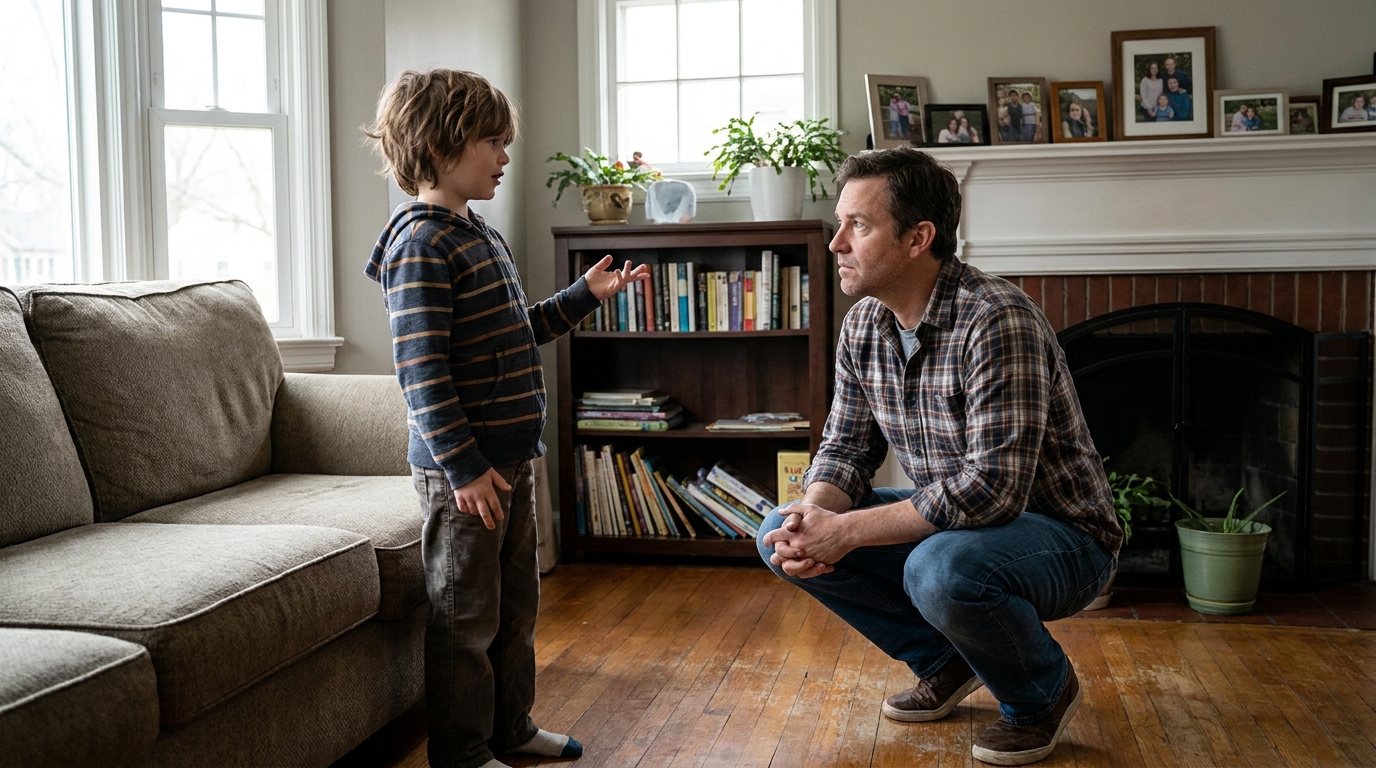 An adult crouched down to listen to a child at the same height.