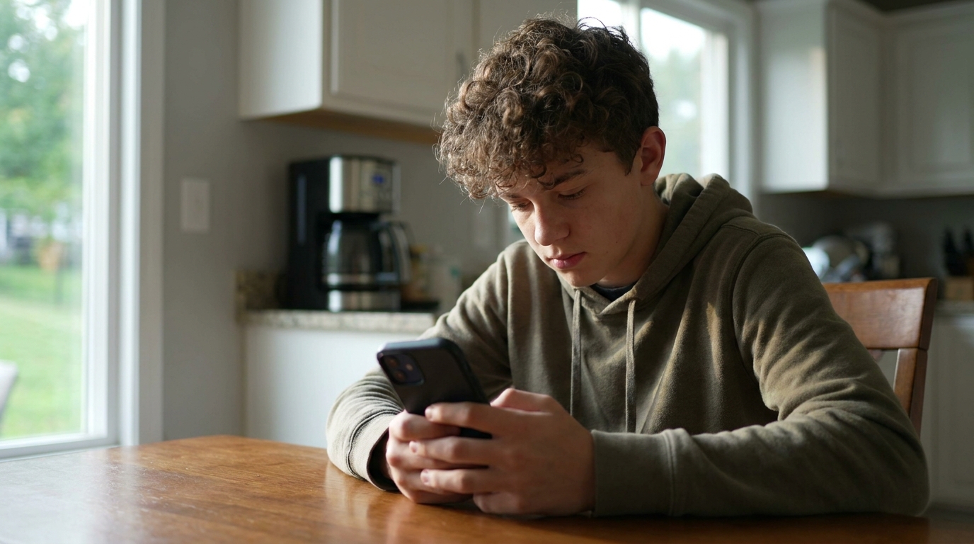 Hands holding a phone at a kitchen table, the screen turned away.