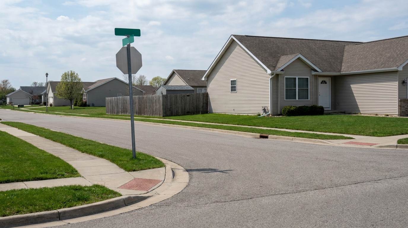 An empty street corner with a street sign and a front door in view.