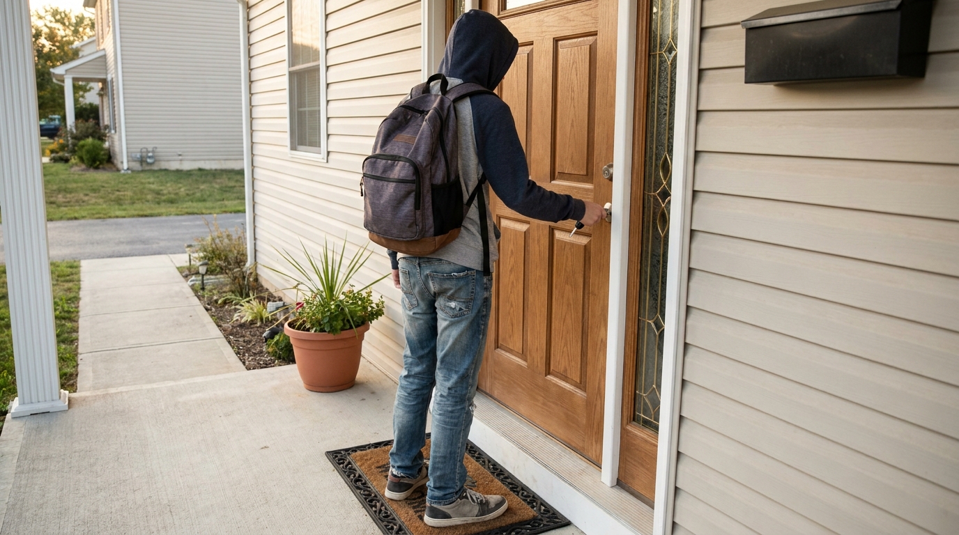 A young teenager putting a key into a front door in the afternoon.